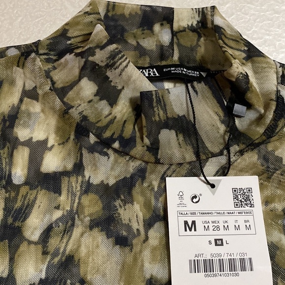 Zara PRINTED TULLE BLACK GREEN Cropped Top sheer SZ M - Picture 7 of 10
